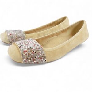 VANELI Tan Suede Leather Multi-Color Rhinestones Flats Square Toe 8 Narrow NEW
